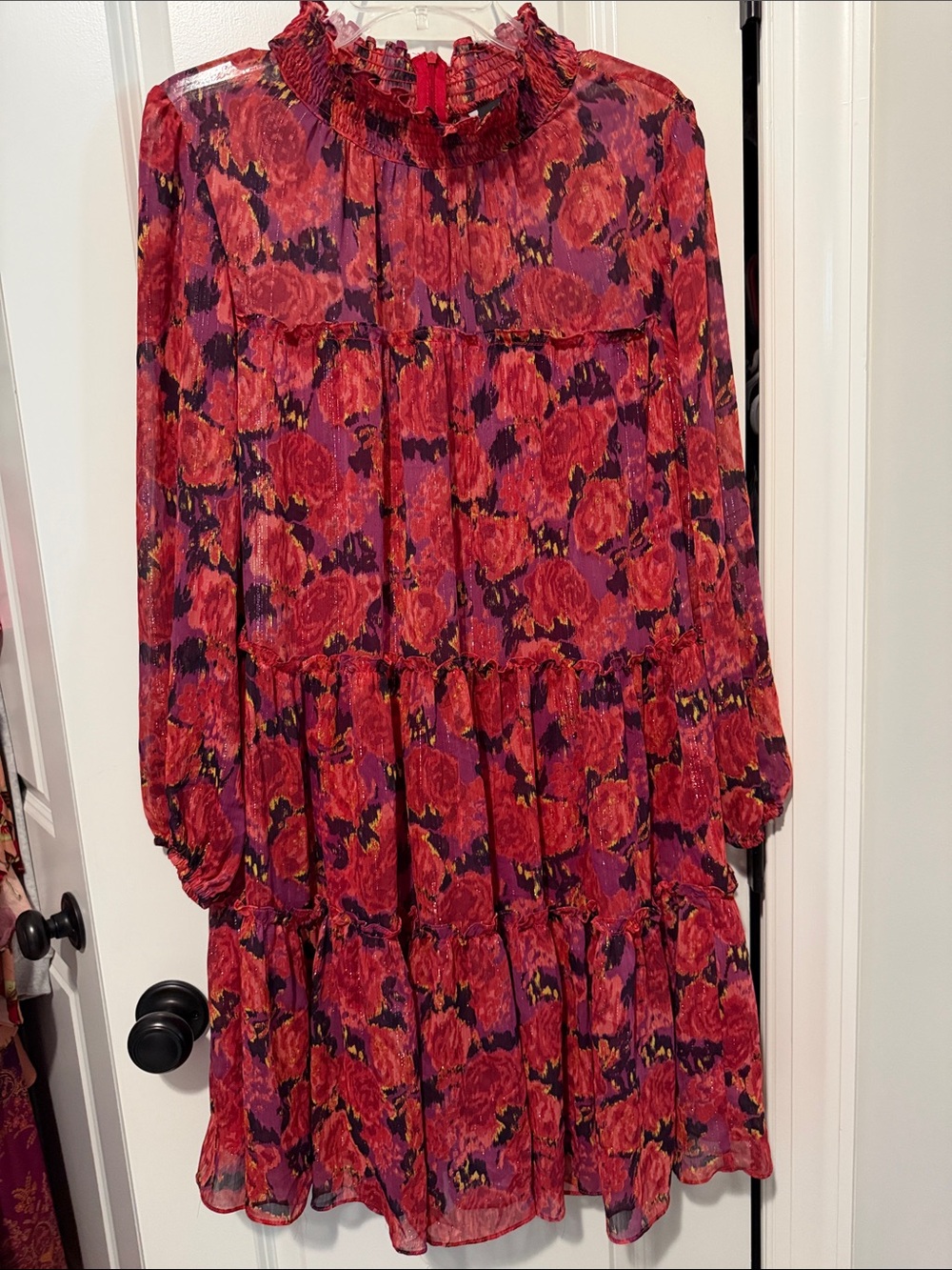 Maison Tara Red Pink Purple Floral Lined Tiered Long-Sleeve Dress size 16